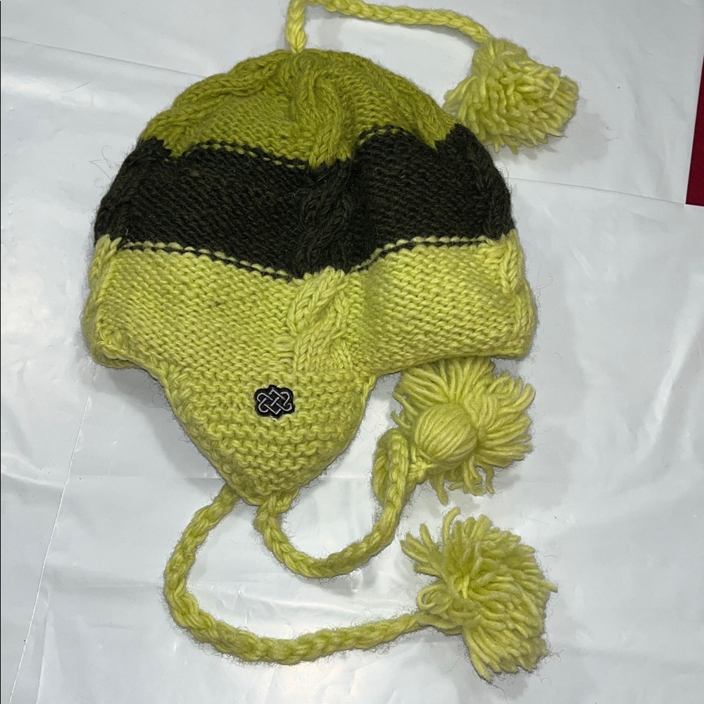 Green brown striped wool knit hat, Sherpa Adventure Gear fleece lined OS nepal